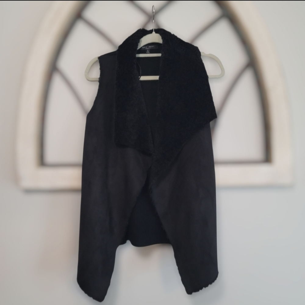 Romeo Juliet Couture Faux Fur Suede Vest Black Vest Open Drape, Sz S